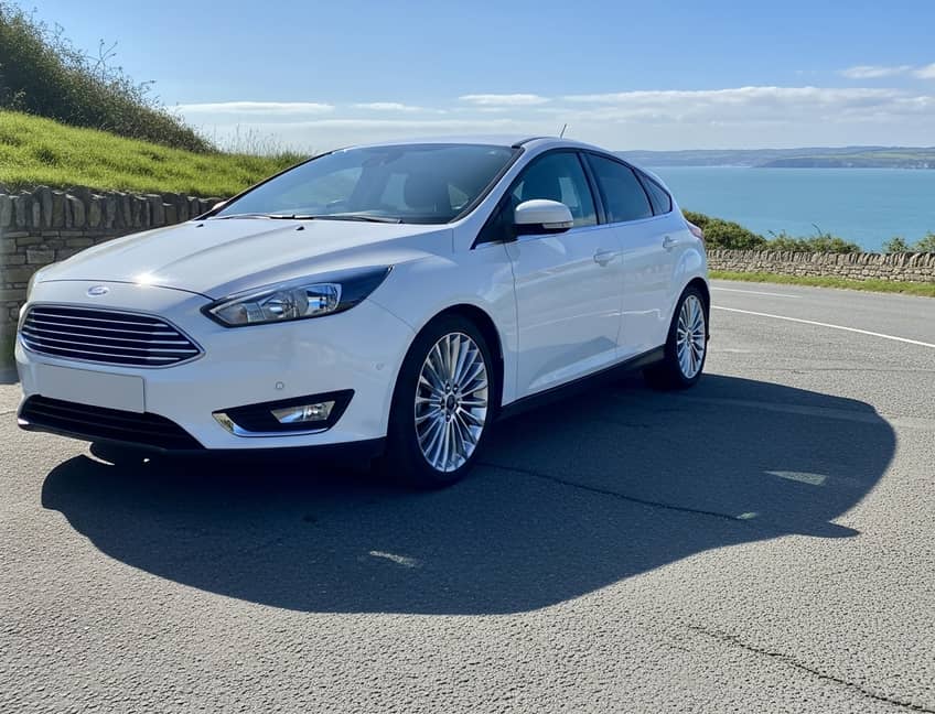 Blue Ford Focus on a Devon country lane with traditional stone walls and rolling hills, representing quality vehicle hire in Tiverton's beautiful countryside